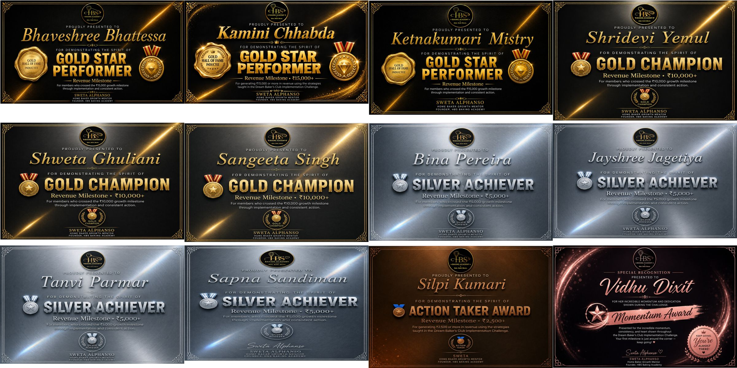 Achievement certificates awarded to HBS members
