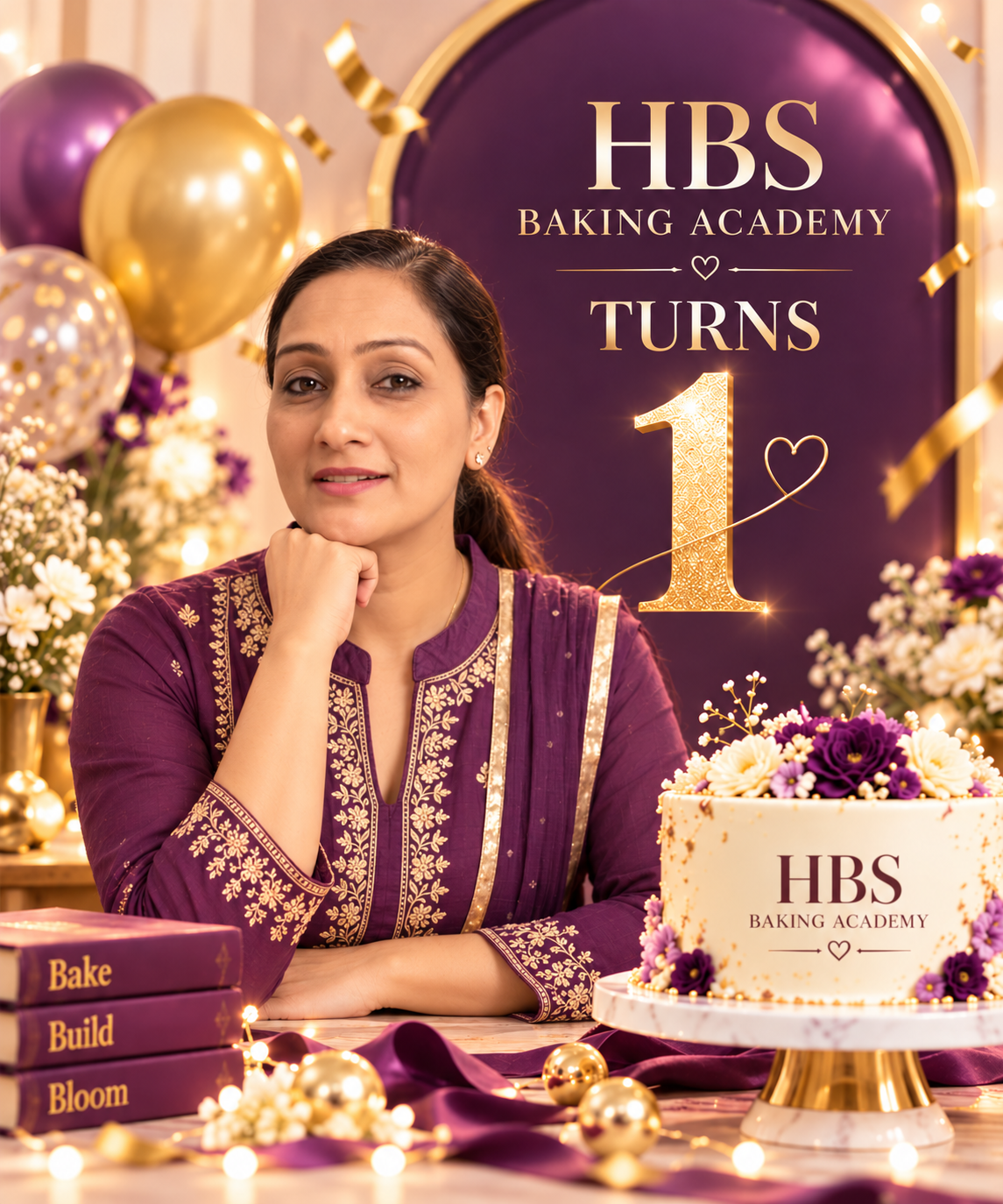 Sweta Alphanso beside an HBS Baking Academy anniversary cake, HBS Baking Academy turns 1